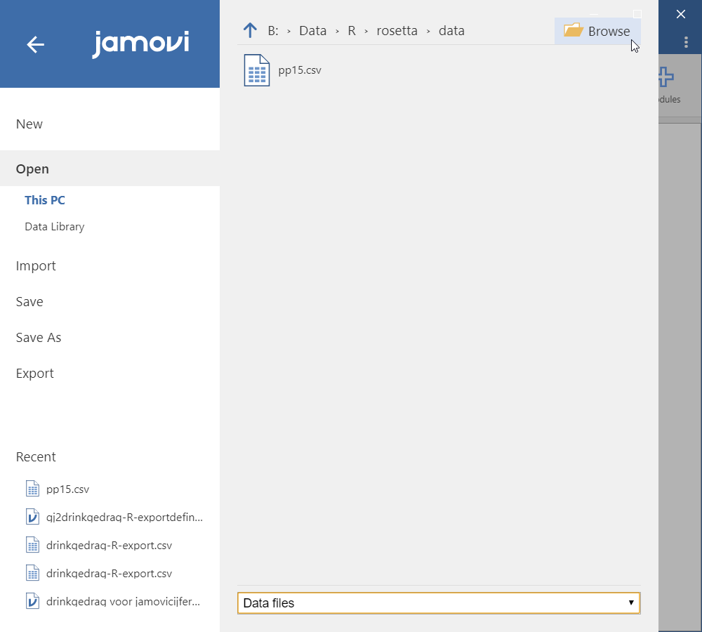 The opened hamburger menu in jamovi, with the "Open" menu section expanded.