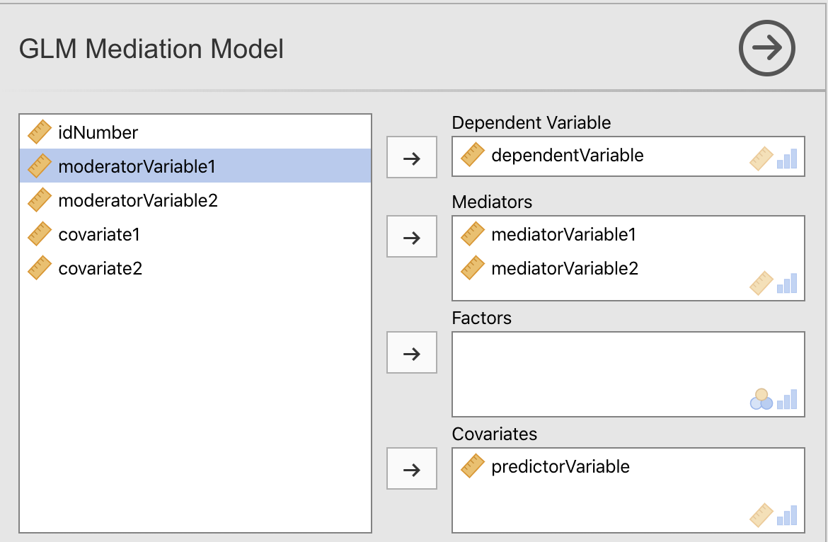 Select the variables for the mediation analysis, example 1